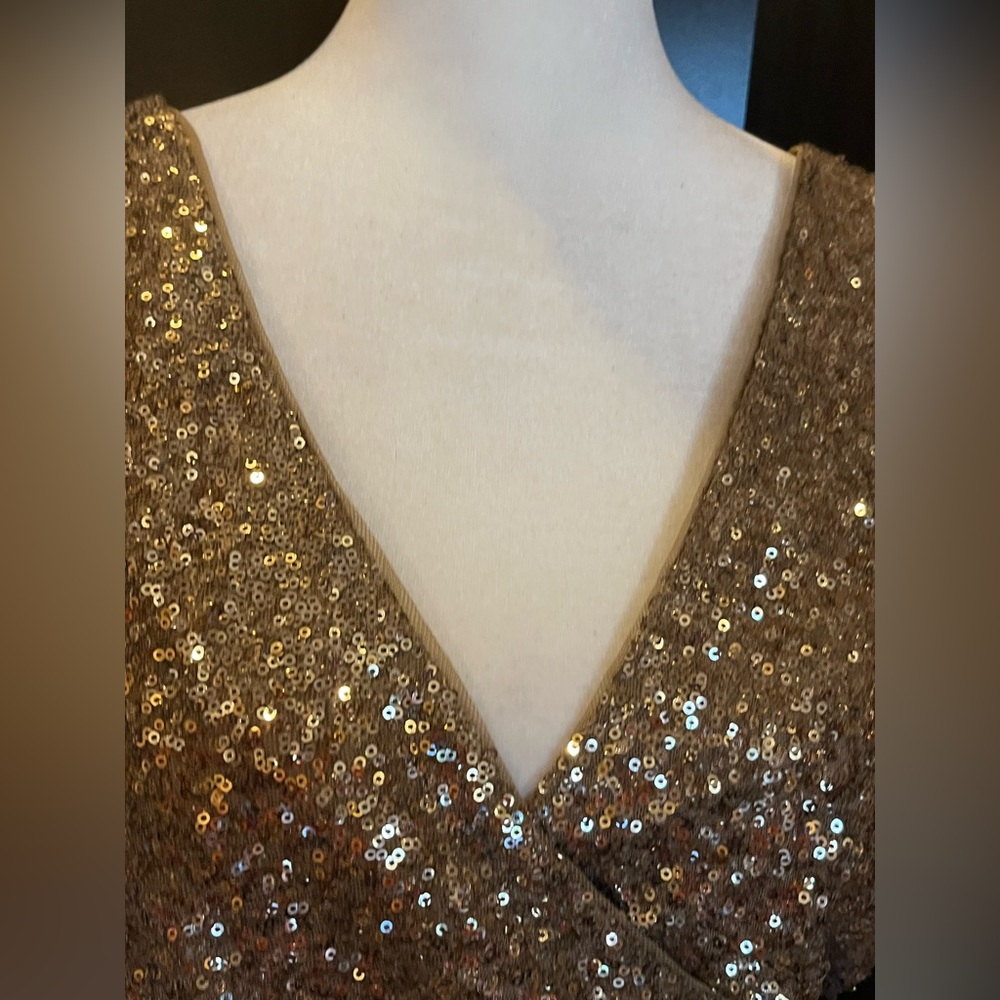 Ralph Lauren Gold Sequined Dress. V-Neck, V-back. Cocktail, formal, party. 14-16 - Picture 4 of 11